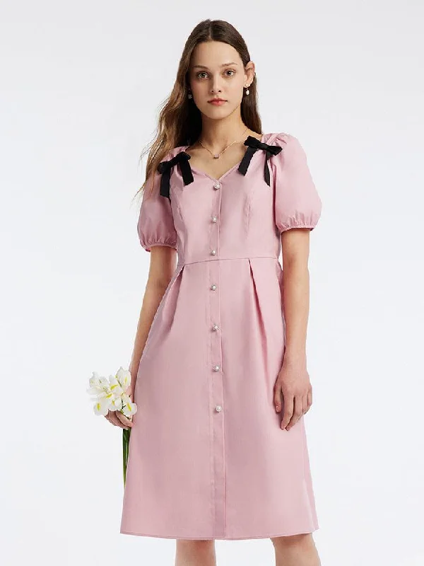 V-neck Bow Waist-skimming Knee-Length Dress Tunics Timeless classic