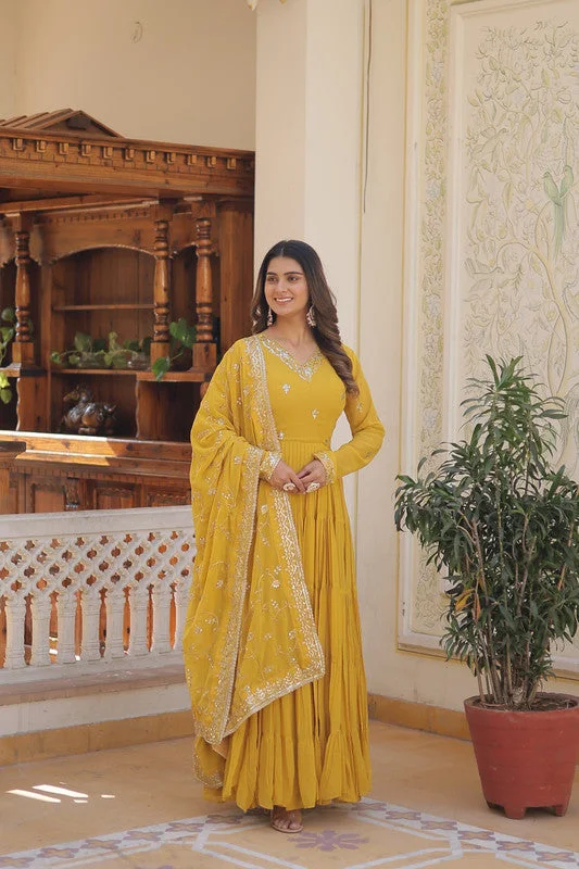 Jyoti Fashion Women's Yellow Faux Georgette Embroidered Partywear Anarkali Dress with Dupatta Tunics Vintage classic Jyoti Fashion Women's Yellow Faux Georgette Embroidered Partywear Anarkali Dress with Dupatta Tunics Vintage classic