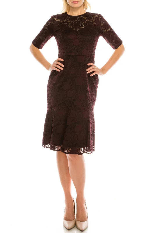 Maggy London Burgundy Lace Sheath Dress with Ruffled Hem Tunics Review highly