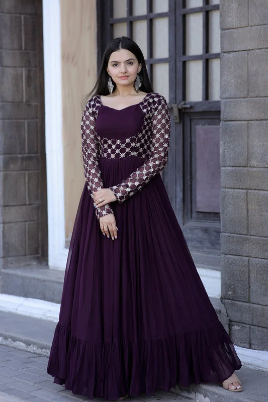 Jyoti Fashion Women's Wine Faux Blooming Sequins with Zari Embroidered Anarkali Dress Off-the-shoulder Chic Trendy