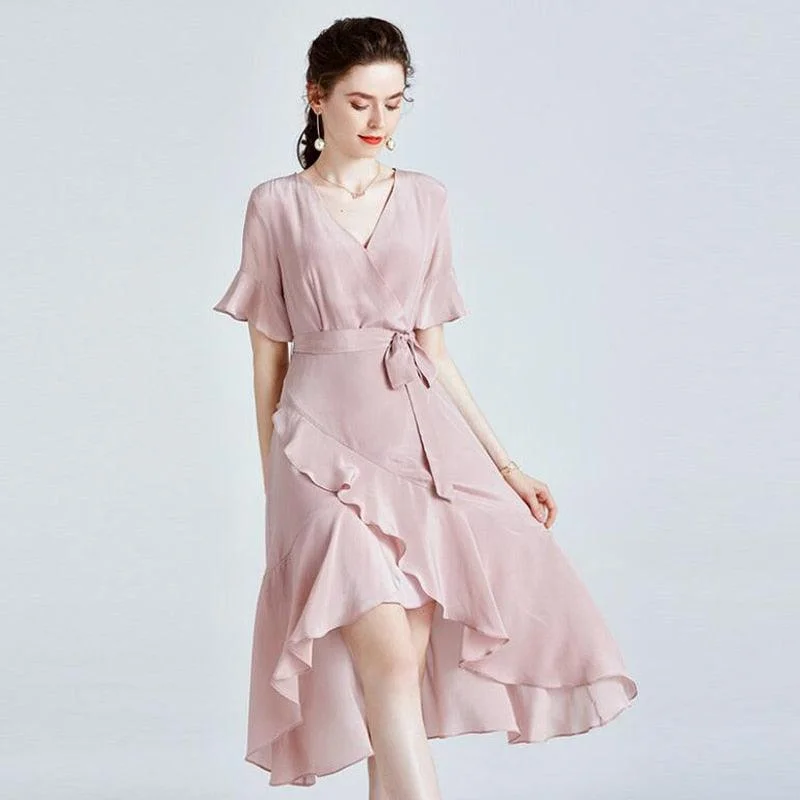 High Quality V-neck Elegant 100% Silk Dress For Ladies Tunics Solid Classic