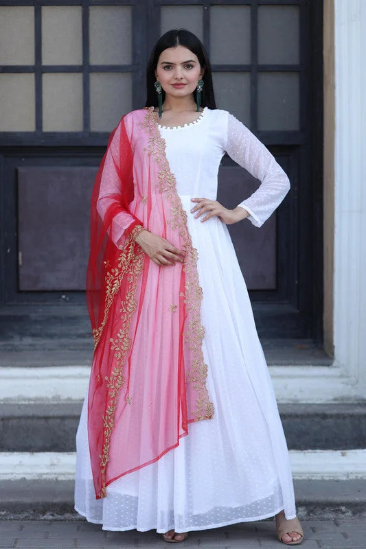 Jyoti Fashion Women's White Faux Georgette Butti work Anarkali Dress with Dupatta Tunics Vintage classic Jyoti Fashion Women's White Faux Georgette Butti work Anarkali Dress with Dupatta Tunics Vintage classic