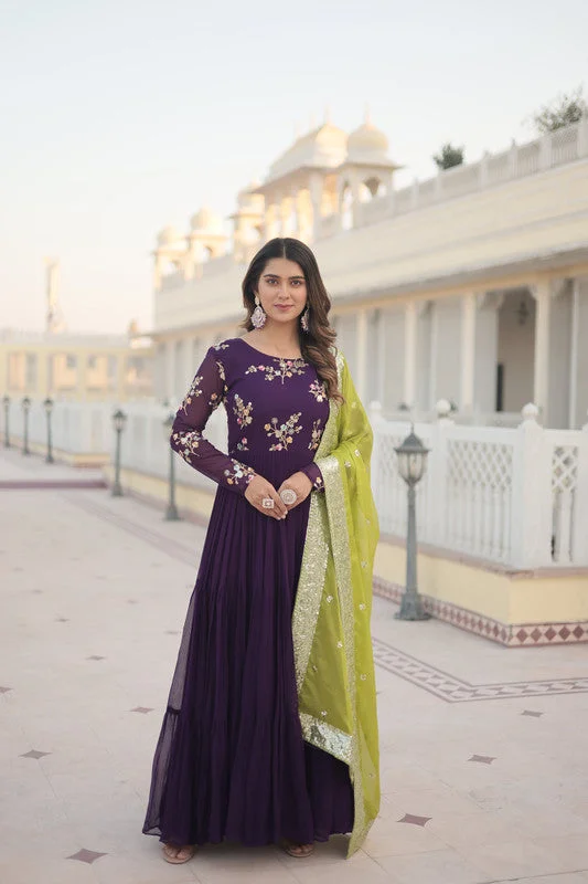 Jyoti Fashion Women's Wine Faux Georgette Sequins Embroidered Partywear Anarkali Dress with Dupatta Cowl Neckline Elegant Jyoti Fashion Women's Wine Faux Georgette Sequins Embroidered Partywear Anarkali Dress with Dupatta Cowl Neckline Elegant