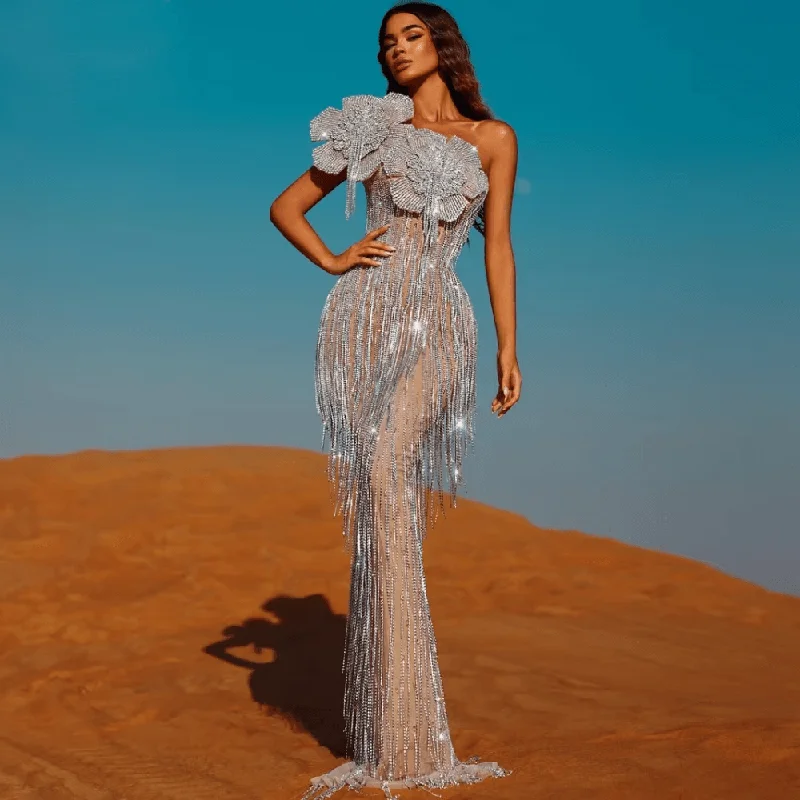 Celebrity-Inspired Luxury One-Shoulder Prom Gown with 3D Flowers, Hand-made Beads & Tassels – Sexy Illusion Evening & Cocktail Dress Tunics Versatile functional