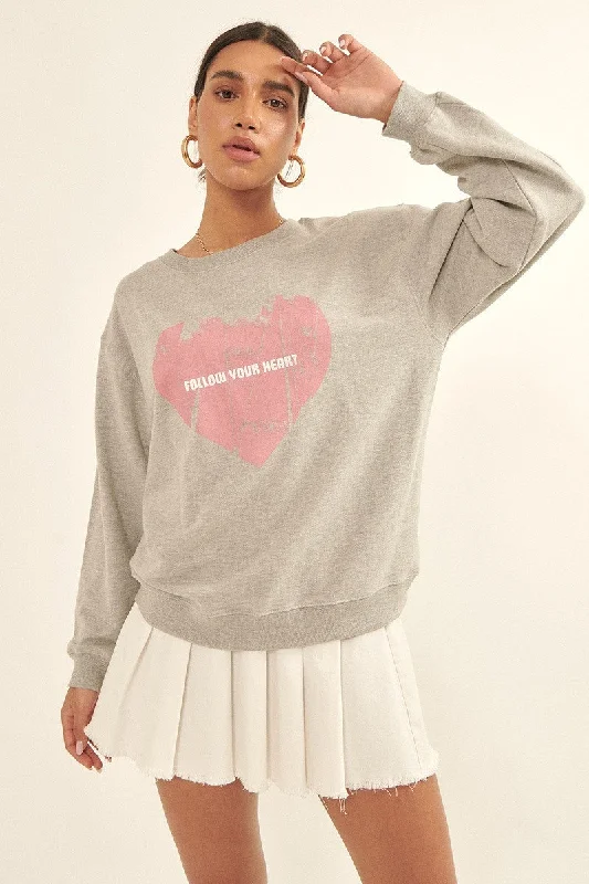 Vintage-style Heart Graphic Print French Terry Knit Sweatshirt Heather Grey Hoodie with Cuffed Sleeves Snug Secure