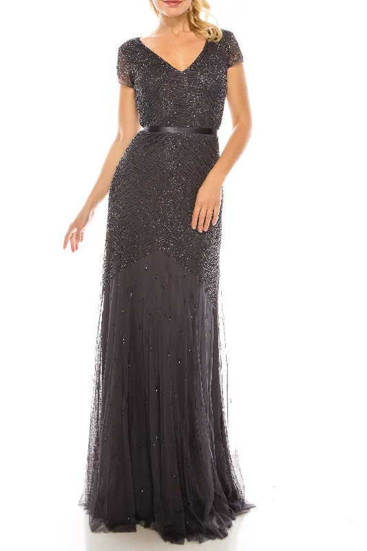 Adrianna Papell Gunmetal Beaded Sheath Evening Dress Tunics Plaid country