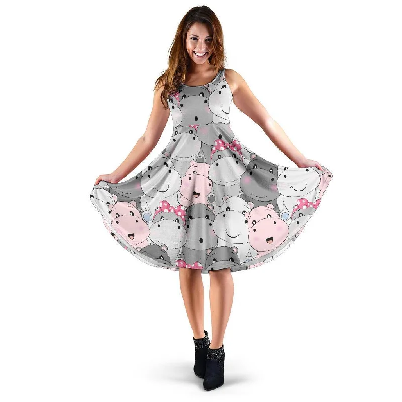 Hippo Cute Print Pattern Dress Boatneck Modish Everyday