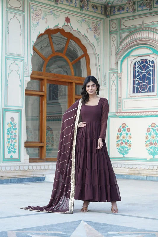 Jyoti Fashion Women's Coffee Faux Georgette Frill Work Partywear Anarkali Dress with Dupatta Boatneck Modish Everyday Jyoti Fashion Women's Coffee Faux Georgette Frill Work Partywear Anarkali Dress with Dupatta Boatneck Modish Everyday
