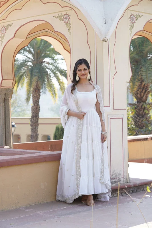 Jyoti Fashion Women's White Faux Georgette Frill Work Partywear Anarkali Dress with Dupatta Tunics Yoga stretchy Jyoti Fashion Women's White Faux Georgette Frill Work Partywear Anarkali Dress with Dupatta Tunics Yoga stretchy