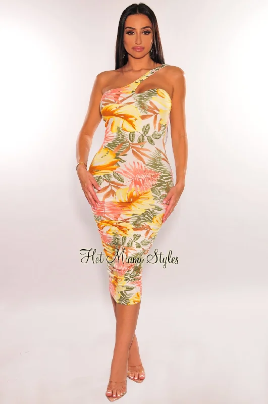 Off White Multi Color Floral Print One Shoulder Ruched Dress Tunics Exclusive limited