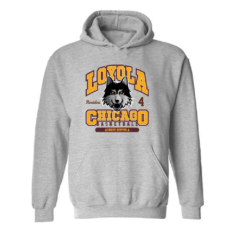 Loyola - NCAA Women's Basketball : Audrey Deptula - Classic Fashion Shersey Hooded Sweatshirt Hoodie with Illustration Artistic Creative Loyola - NCAA Women's Basketball : Audrey Deptula - Classic Fashion Shersey Hooded Sweatshirt Hoodie with Illustration Artistic Creative