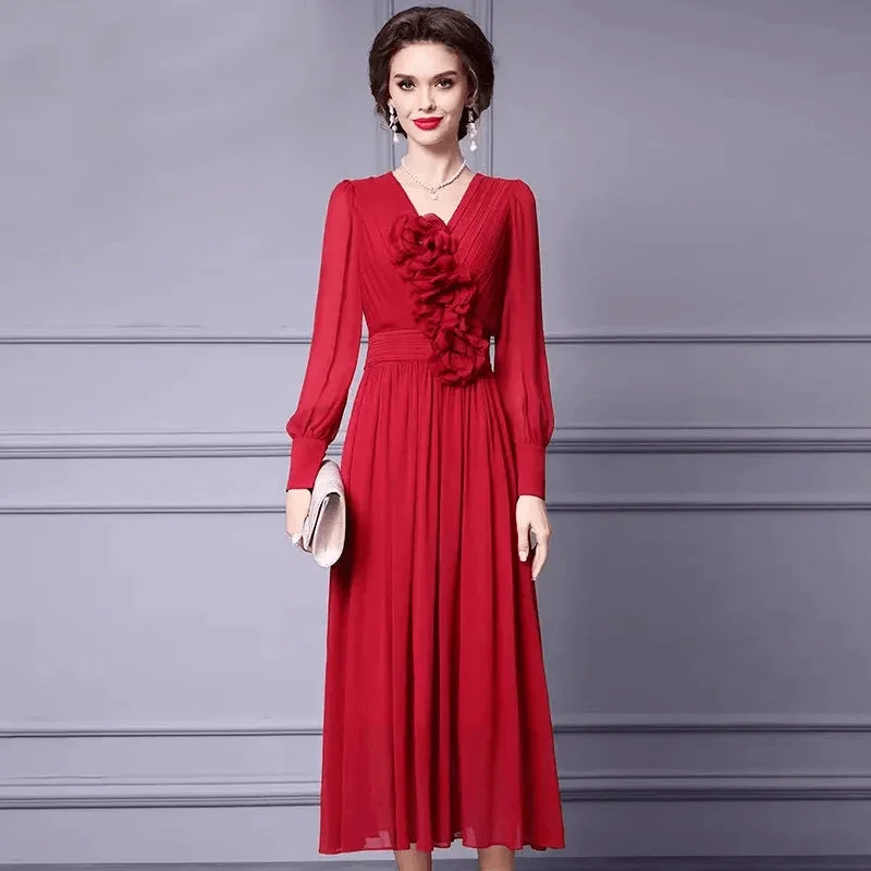 Elegant Solid Color Lantern Sleeve Dress – Women's Chic Appliqued High Waist Pleated Evening Dress for Autumn/Winter Tunics Timeless classic