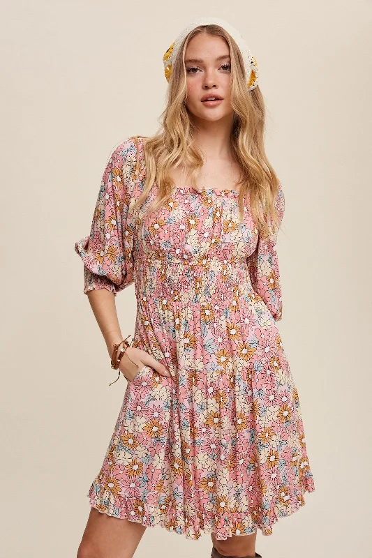 Pink Flower Print Square Neck And Puff Sleeve Dress Tunics Stylish modern
