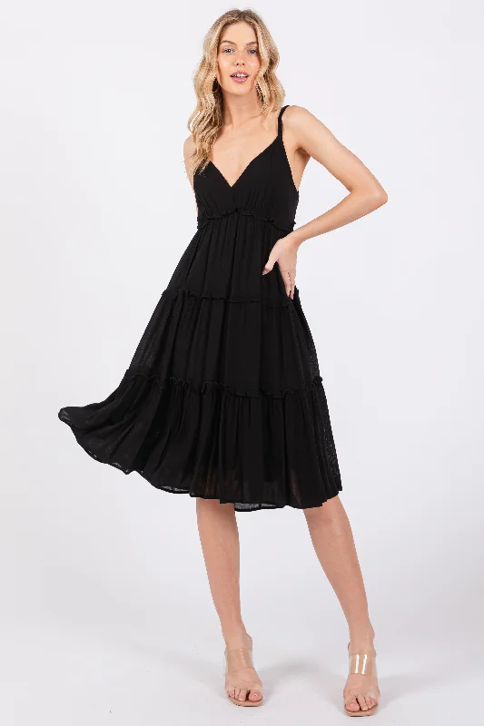 Black Ruffle Tiered Cutout Back Tie Dress Tunics Evening elegant