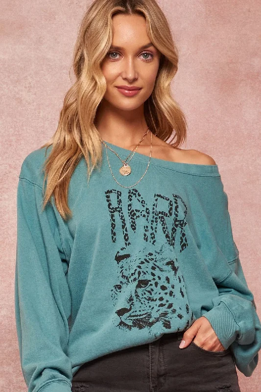 A Garment Dyed French Terry Graphic Sweatshirt in Jade Hoodie with Rolled Sleeves Casual Relaxed