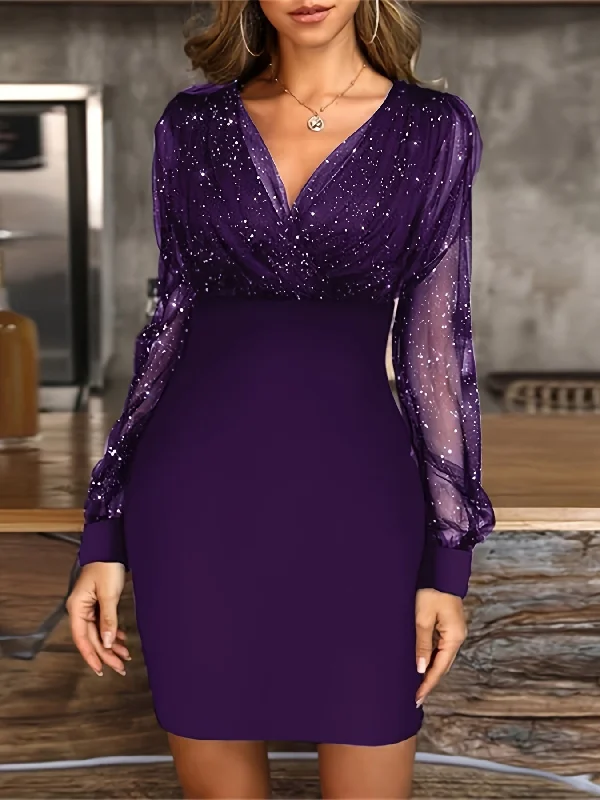 Solid Sequin Stitching Lace Long Sleeve Elegant Mesh Slim Sexy Party Dress Tunics Bridal satin Solid Sequin Stitching Lace Long Sleeve Elegant Mesh Slim Sexy Party Dress Tunics Bridal satin