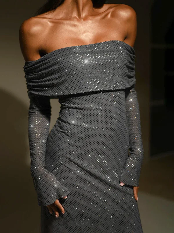 Cinessd Nye Ouyfit Luxury Sequin Fashion Maxi Dress Female Off-Shoulder Pleated Slim Glitter Long Sleeve Backless Party Dress Gown Ladies Tunics Seasonal trendy