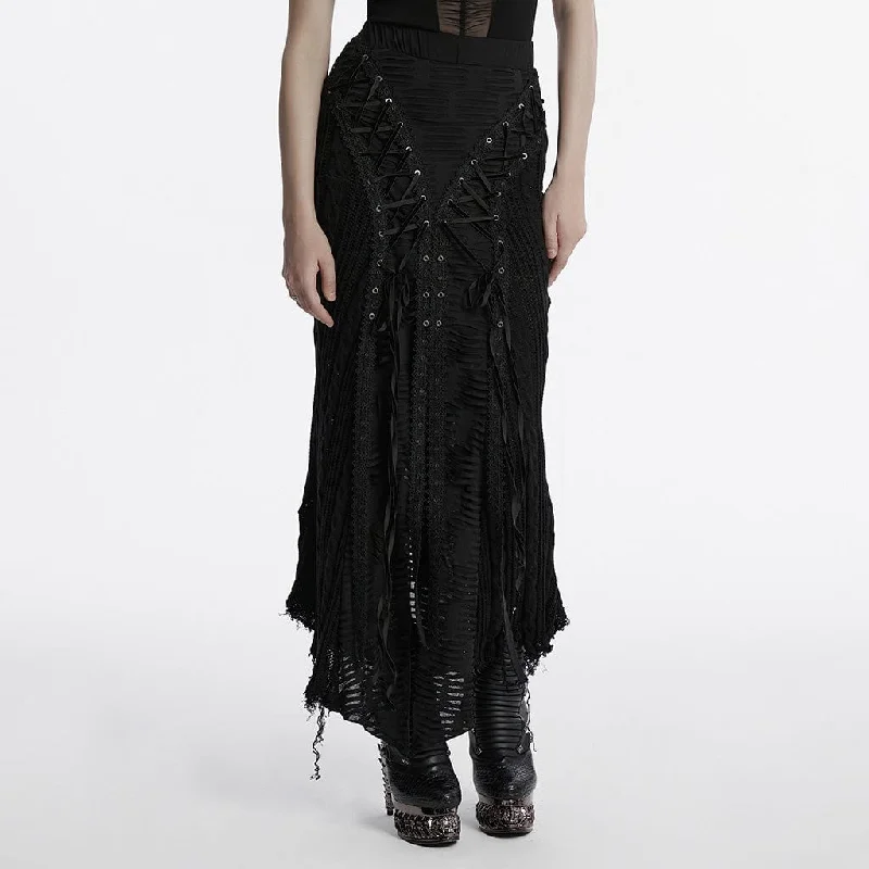Women's Gothic Ripped Lace-up Knitted Skirt Black pencil skirt chic