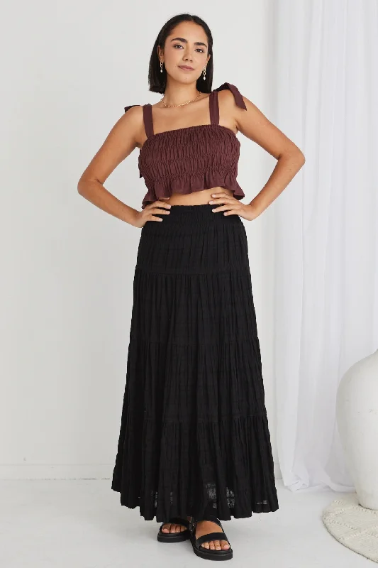 Charming Black Shirred Cotton Tiered Maxi Skirt floral skirt print