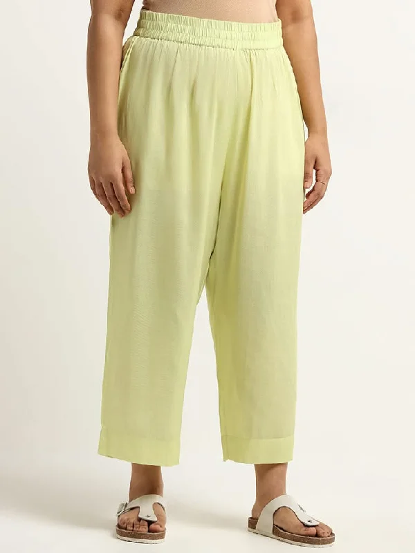 Diza Solid Green Wide-Leg Pants Trendy Work Pants