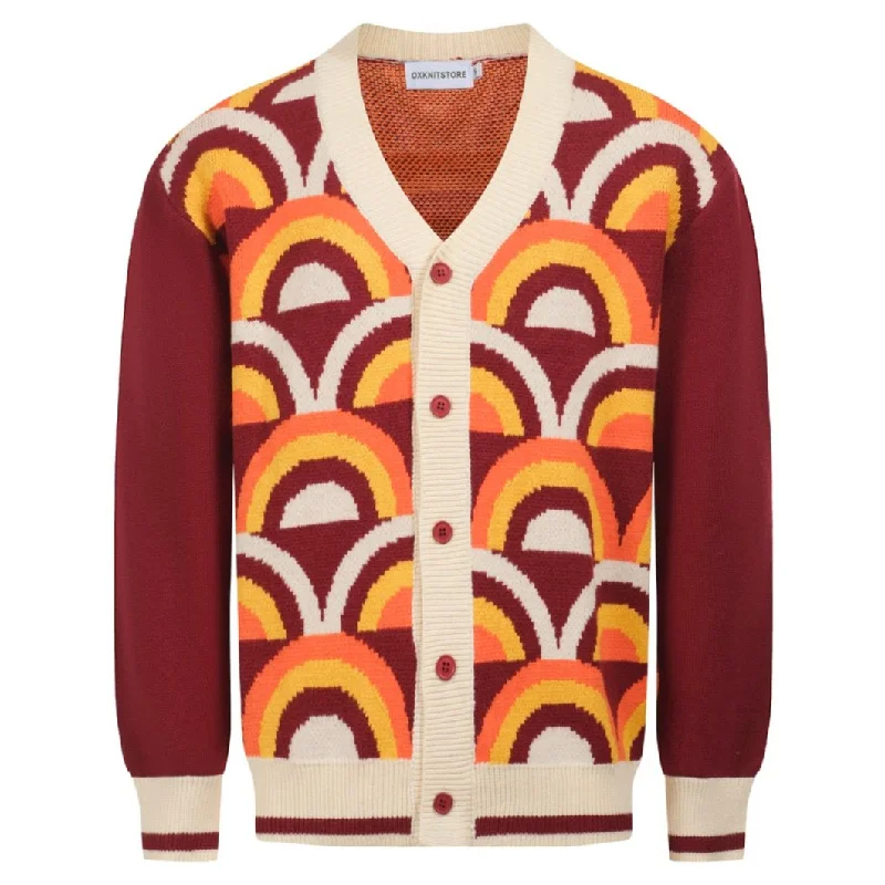 Men's Retro Cardigan – Bold Rainbow Arc Pattern Knit Sweater for Vintage Style Enthusiasts Ribbed Striped Patterned