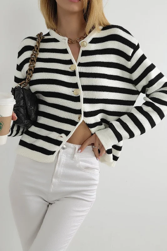 Female Striped Bike Collar Homeland Gold Button Detailed Knitwear Cardigan Silk Blend Satin Velvet