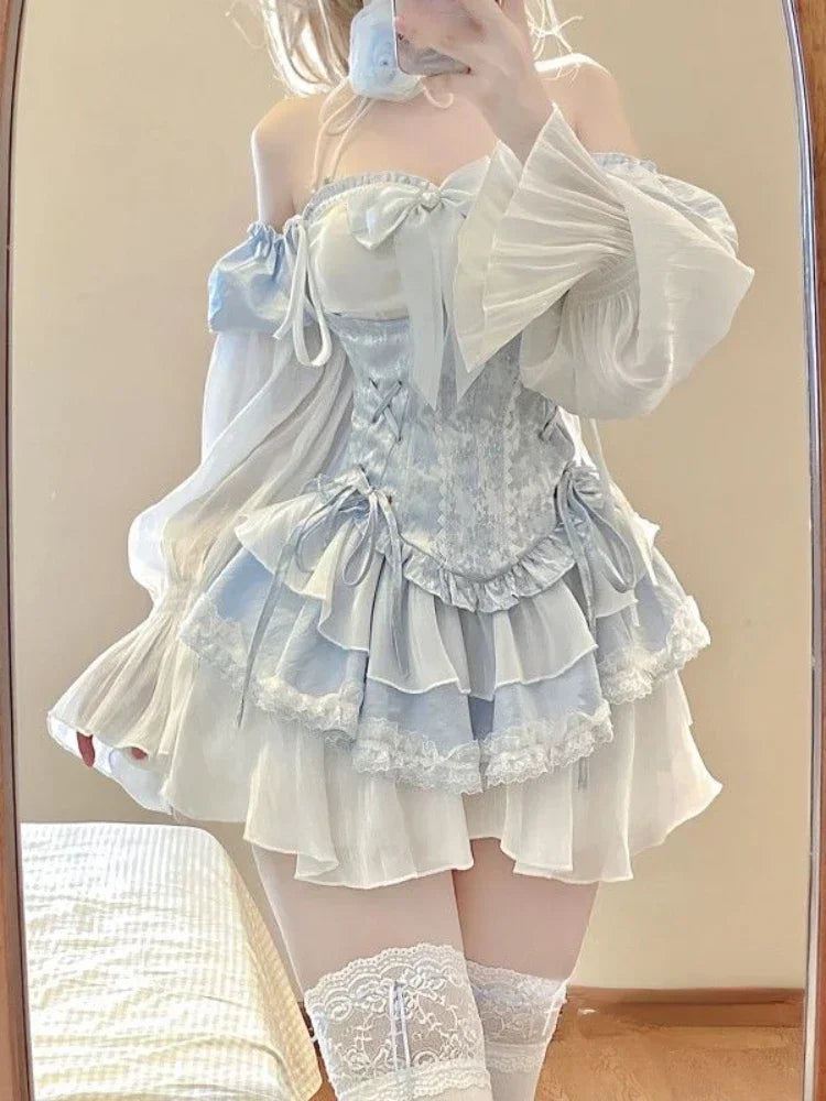 Yipinpay Summer Blue Lolita Clothing Suit Slim Vest + Kawaii Y2k Mini Dress Elegant Short Party Dress Japanese Style Fashion Suit Tunics New arrival