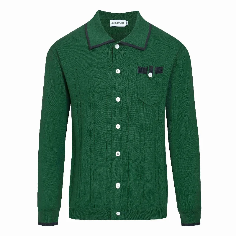 Men's vintage green knit cardigan sweater Print Jacquard Patchwork