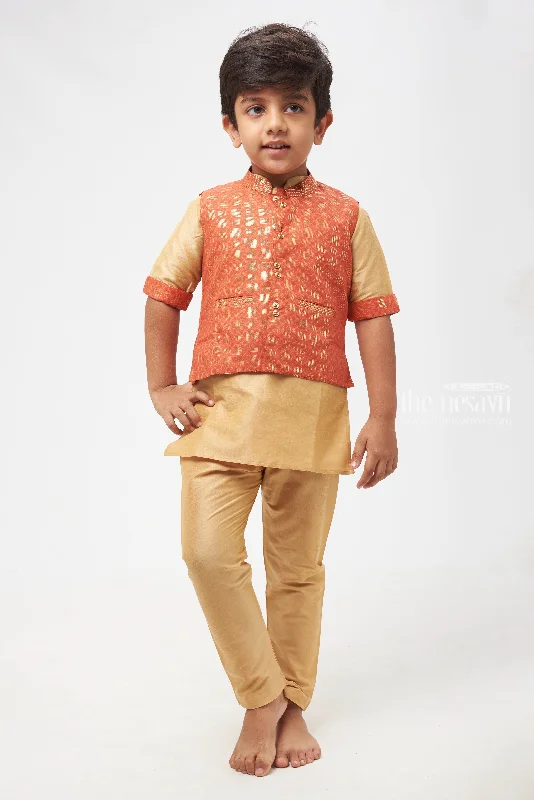 Ruby Radiance: Geometrically Inspired Red Overcoat Kurta & Soft Beige Pant Set for Boys Lightweight Jogger Pants