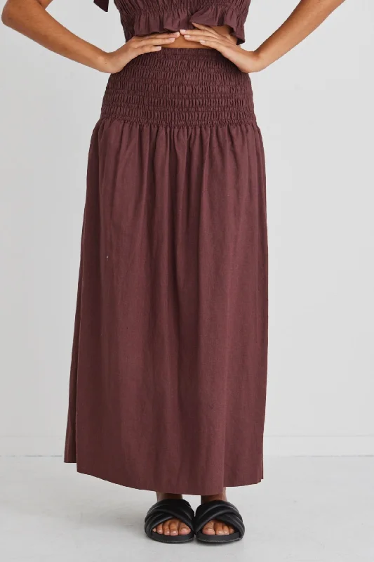 Seville Raisin Shirred Waist Maxi Skirt high slit skirt