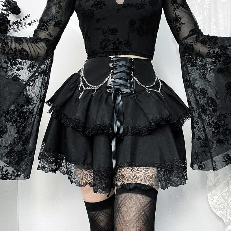 Women's Gothic Lace-up Lace Hem Skirt with Chain corduroy skirt comfortable