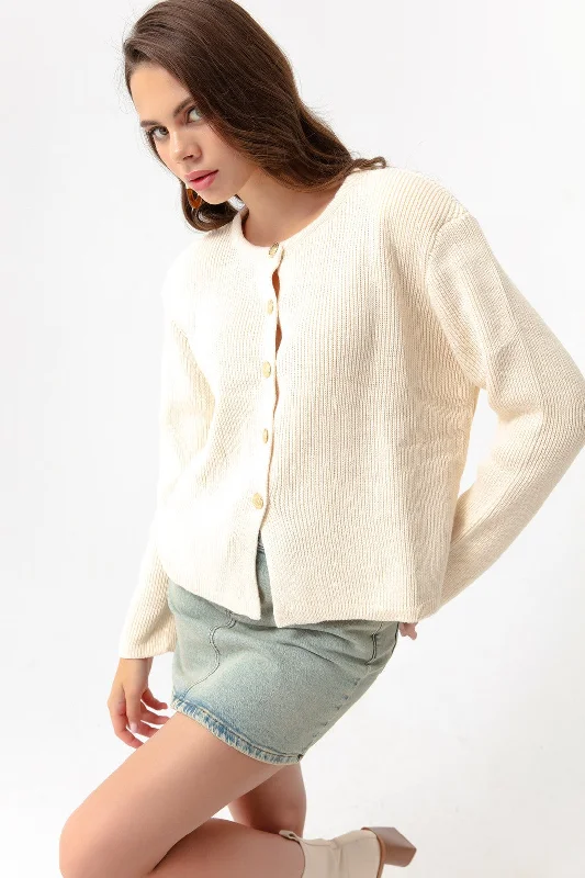 Woman Gold Buttoned Homeland Cardigan Chenille Blend Fleece Blend Nylon Blend