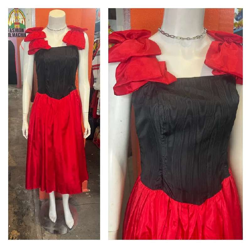 Vintage 80s | Red and Black Poofy Prom Party Dress | Small Chiffon Maxi Beach