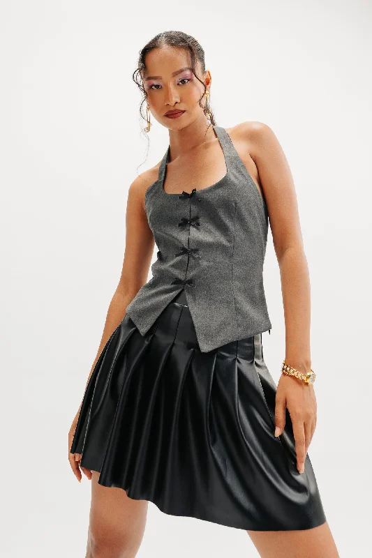 Black Pleated Leather Skirt chiffon skirt airy