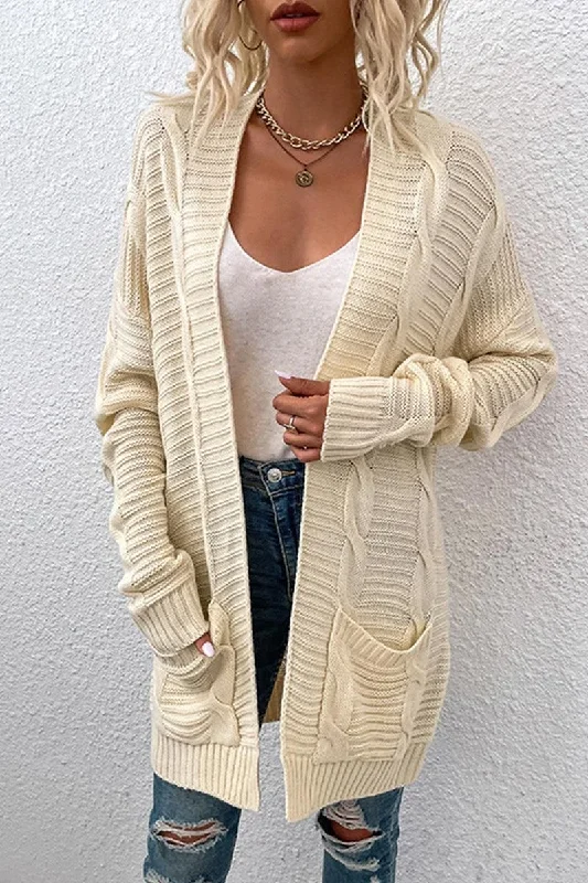 OPEN FRONT CABLE KNIT CARDIGAN WITH SIDE POCKETS Print Jacquard Patchwork