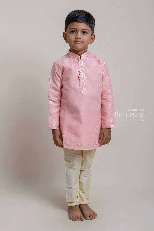 Lovely Salmon Pink Butta Designed Kurta With Beige Pant For Boys Trendy Wide-Legged Trousers