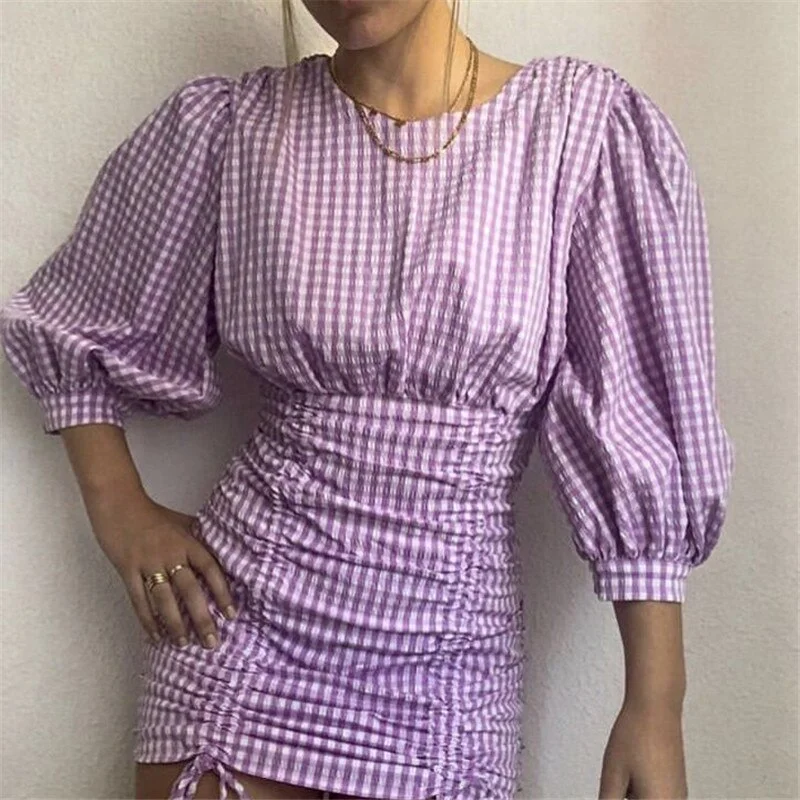 Stylish Violet Plaid Mini Dress O-neck Back Zipper Three Quarter Sleeve Female Casual Dresses Party Dress Chic Vestidos Tunics Plaid country Stylish Violet Plaid Mini Dress O-neck Back Zipper Three Quarter Sleeve Female Casual Dresses Party Dress Chic Vestidos Tunics Plaid country