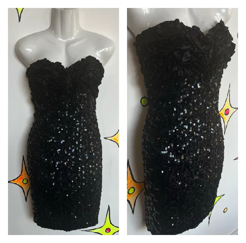 Vintage 80s | Jessica McClintock Gunne Sax Black Sequin Party Dress | Size Small Mermaid Tail Wedding