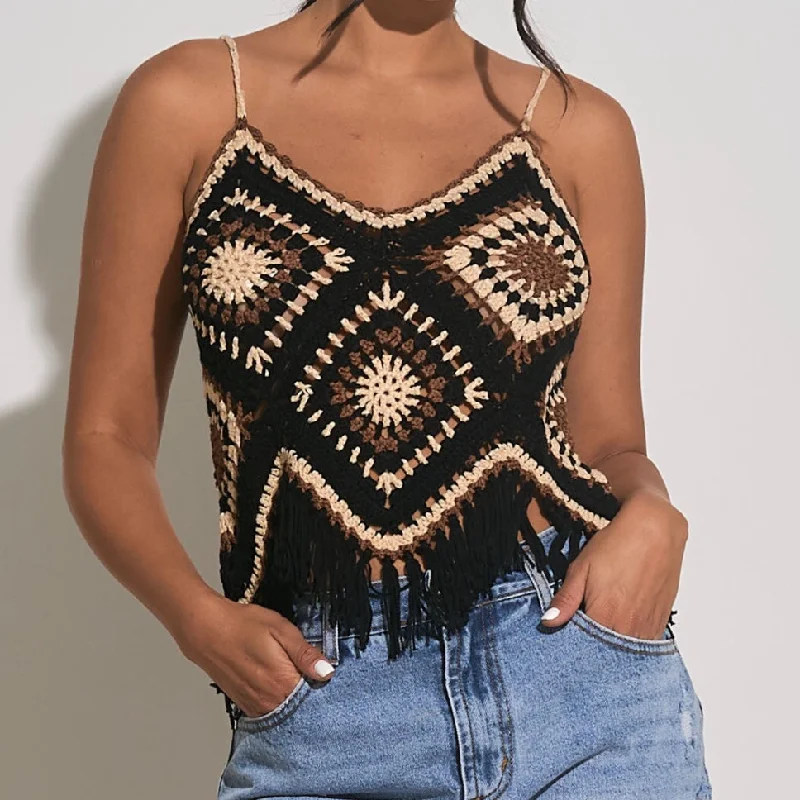 Elan Western Knit Tank Black/Brown casual tank top