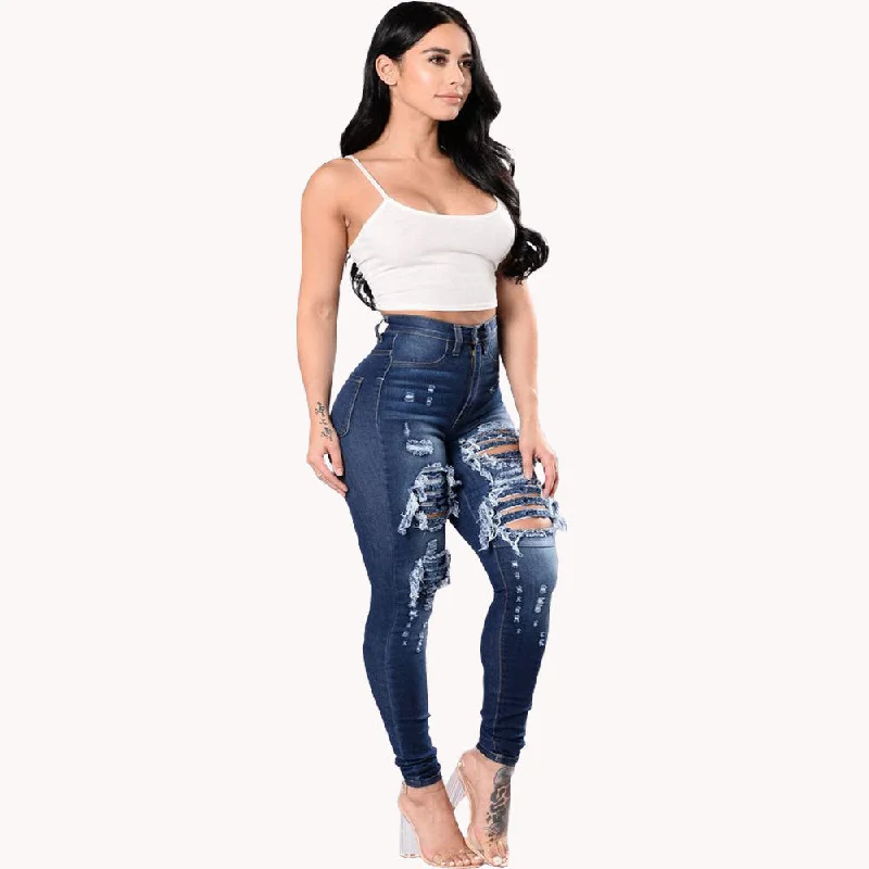 Women's Ripped Denim Washed Denim Pants Classic Pleated Pants