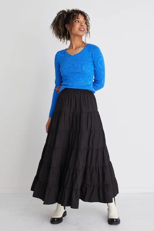 Castro Black Cotton Poplin Multi Tiered Maxi Skirt silk skirt luxurious