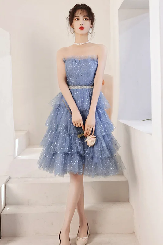 Blue tulle sequins short prom dress party dress  8676 Tunics Vintage classic
