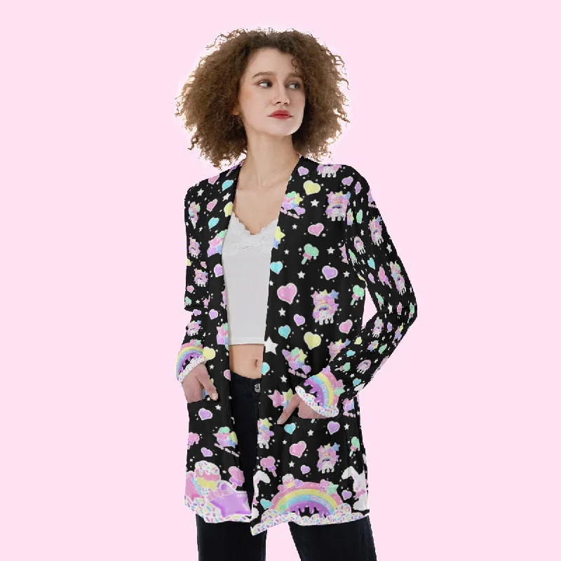 Rainbow Sweets Black Open Front Lightweight Cardigan With Pockets Neon metallic Matte