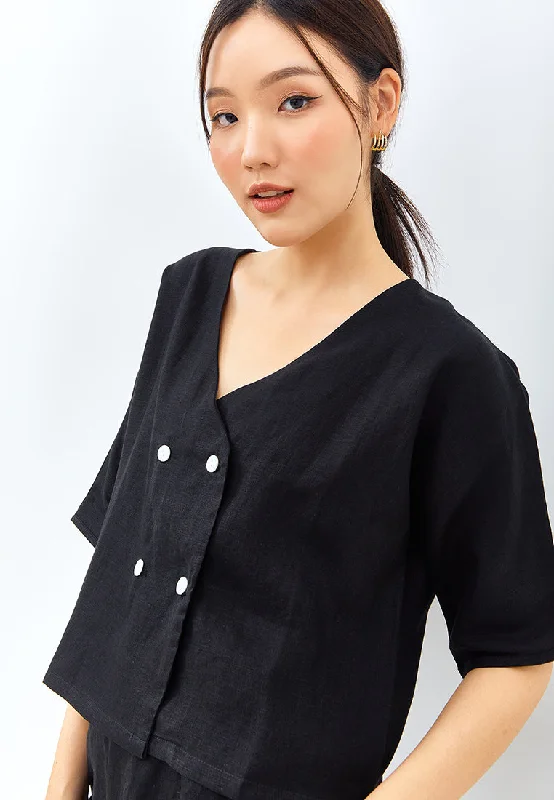 V-neck Button Linen Jacket in Black Fleece Fabric Down Fabric Feather Fabric