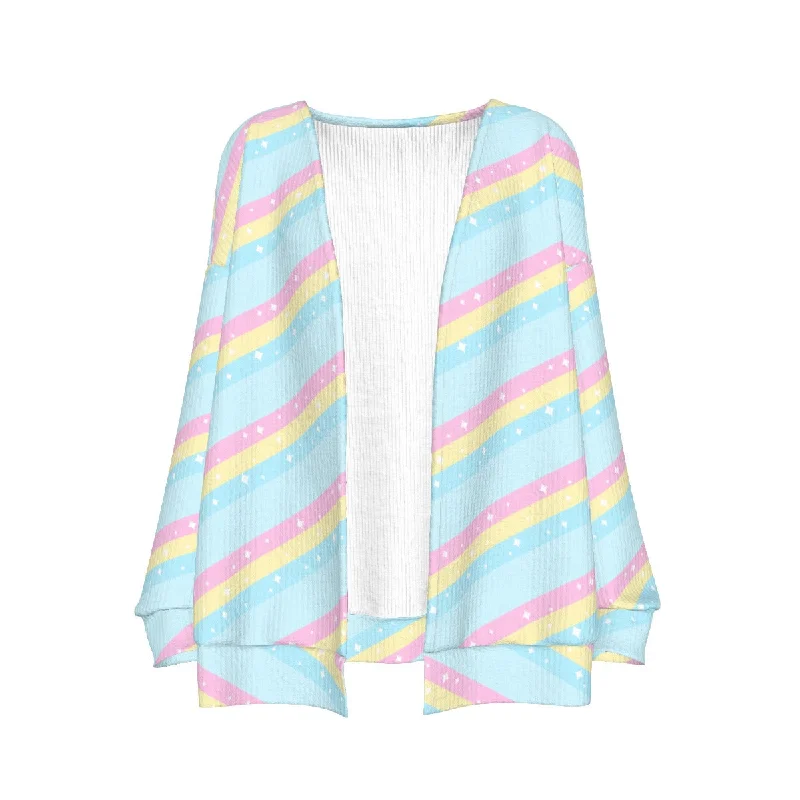 Teatime Fantasy Blue Rainbow Open Front Cardigan Denim Fabric Leather Fabric Suede Fabric Teatime Fantasy Blue Rainbow Open Front Cardigan Denim Fabric Leather Fabric Suede Fabric