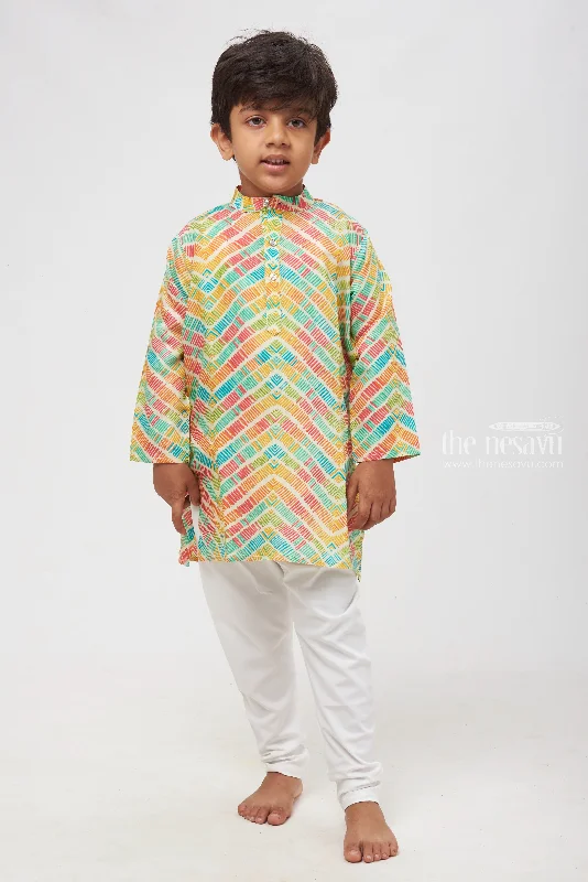 Kaleidoscope Charm: Geometric Multicolor Symphony Kurta with Coordinated Pant for Boys Modern Stretch Trousers