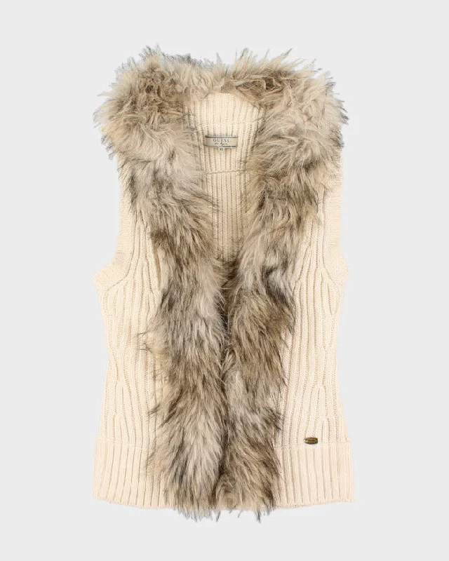 Y2K 00s Guess Faux Fur Collared Sleeveless Cardigan - XS Chenille Blend Fleece Blend Nylon Blend