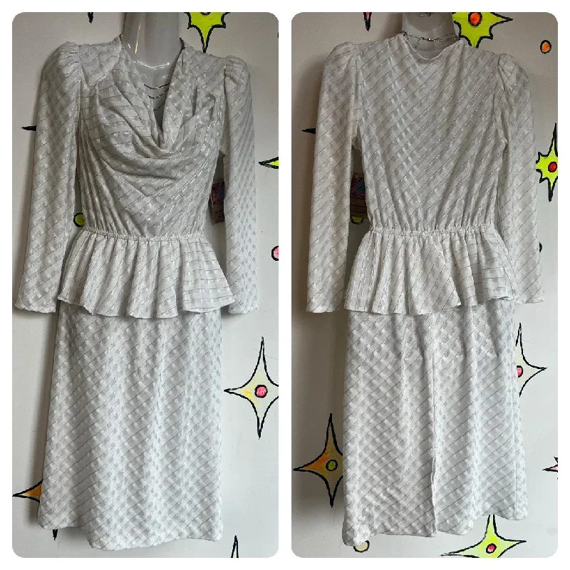 Vintage 80s | White Silver Cowl Neck Flowy Goddess Secretary Party Dress | S M Tunics Luxurious high-end