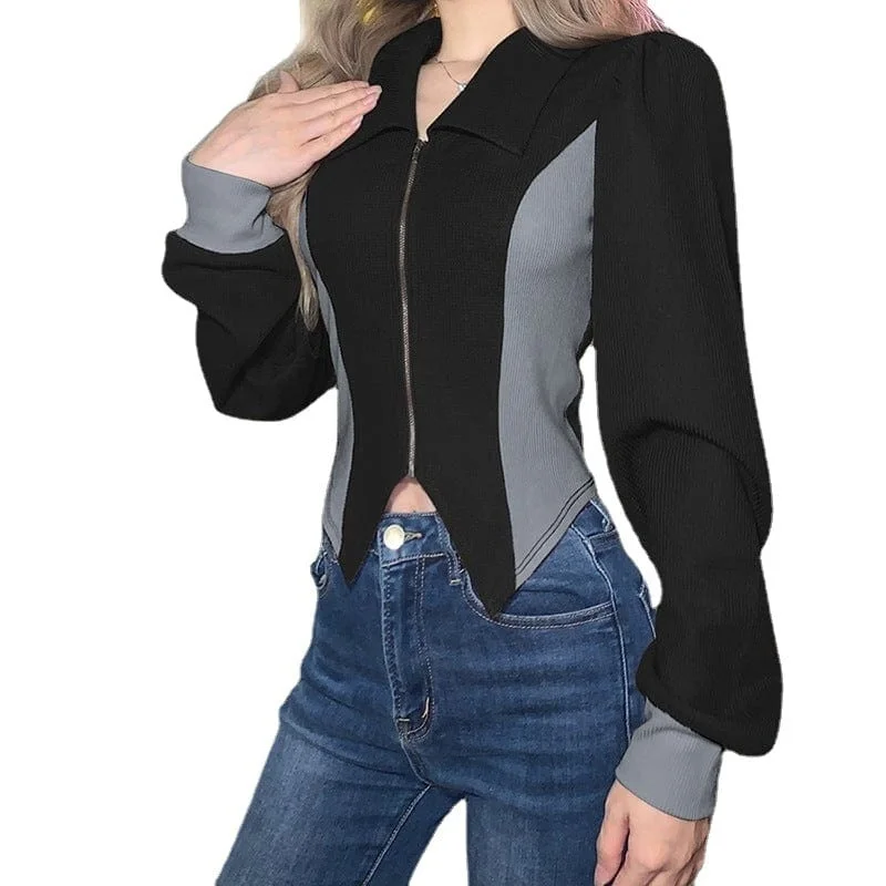 Women's Punk Puff Sleeved Zipper Irregular Cardigan Sequined Glittery Shiny