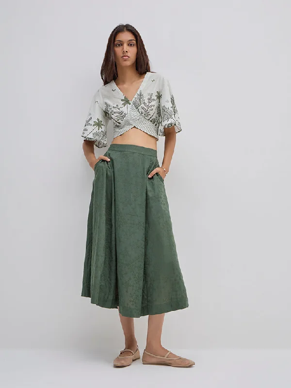 Bombay Paisley Olive Embroidered High-Rise Cotton Skirt silk skirt smooth